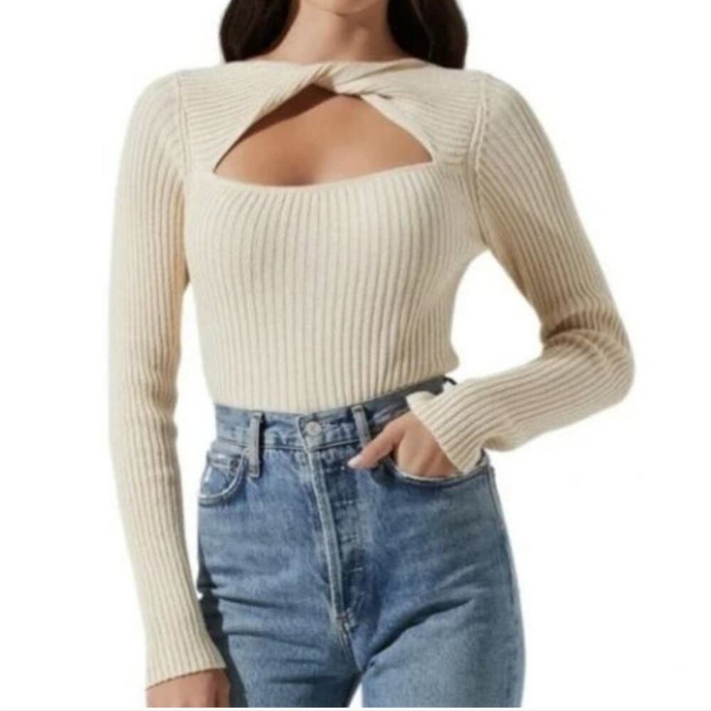 Astr Cream Ribbed Twist-Front Scoop Neck Sweater